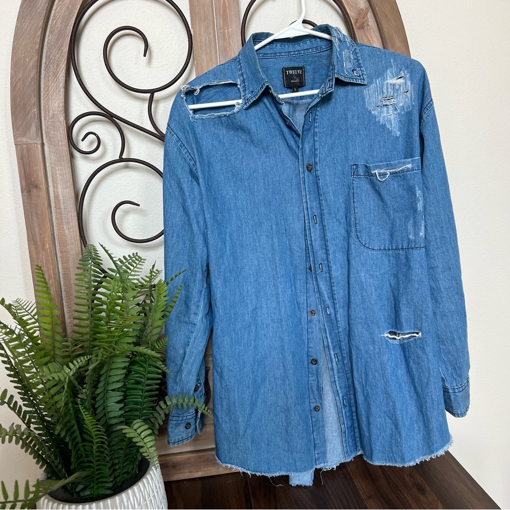 Oversized side cut distressed denim flannel